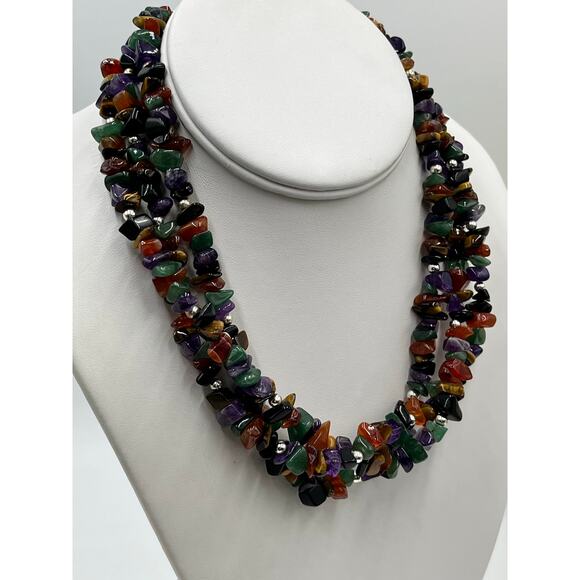 Sterling Silver 925 Multi-Strand Semiprecious Chip Bead Necklace 18” Gemstone - Picture 7 of 12